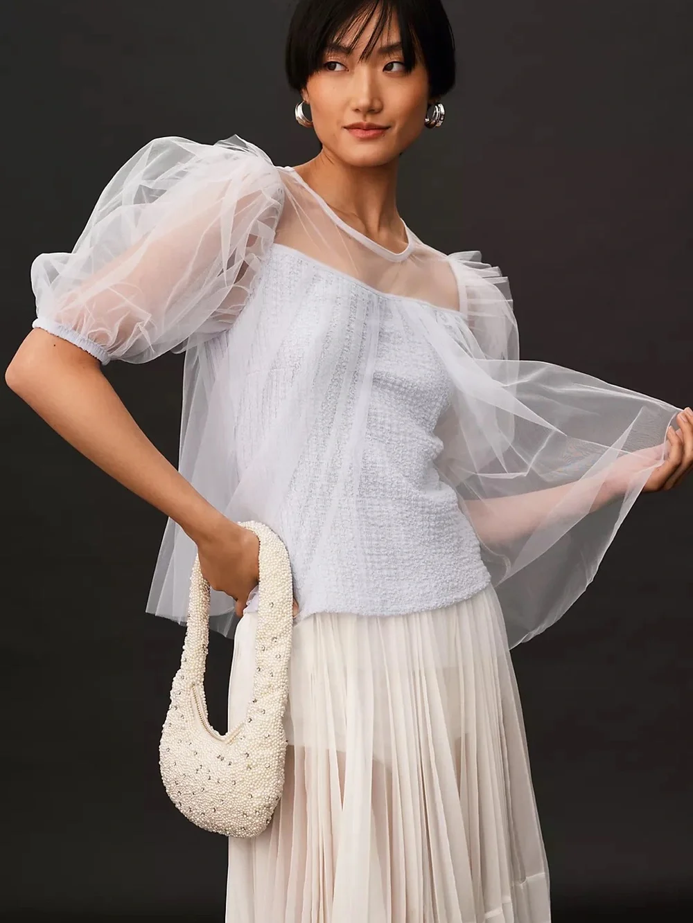 Anthropologie Grey Sheer Puff-Sleeve Mesh Blouse